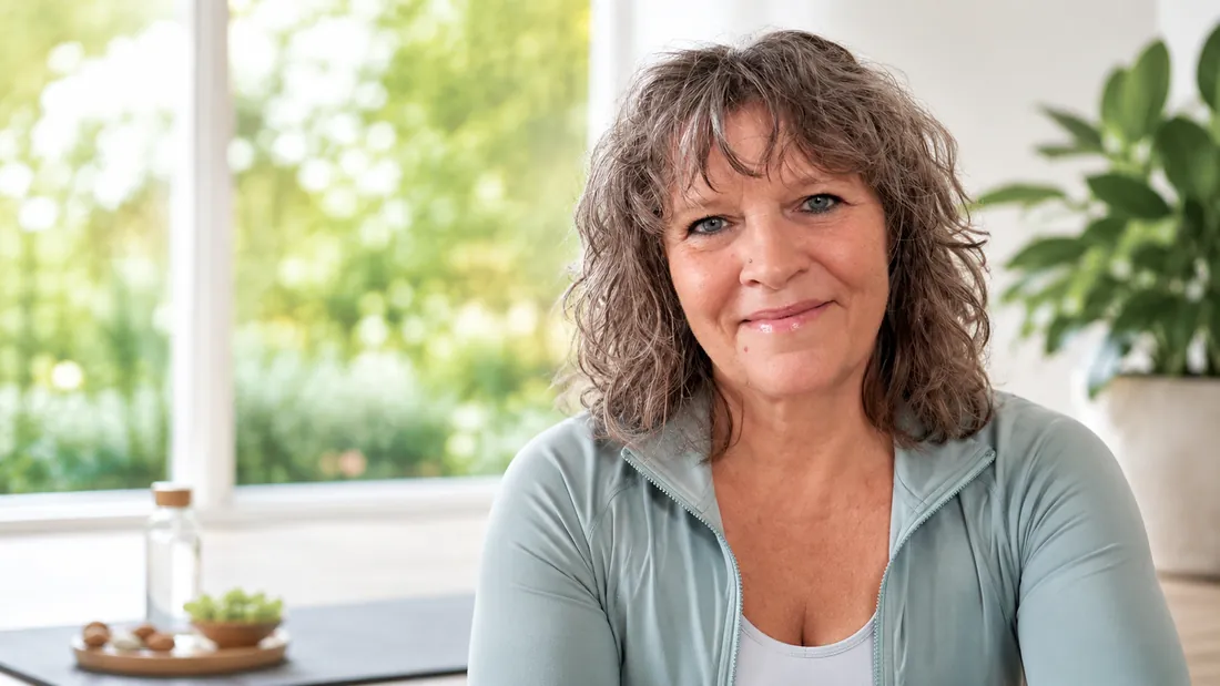 Randi Thomsen sidder ved et bord i sit lyse hjem med haven i baggrunden.